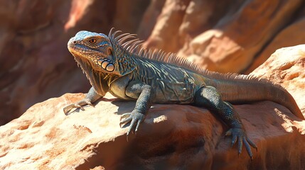 Fototapeta premium Iguana Resting on Rock Looking Left with Brown Background Outdoors