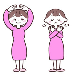 手でマルとバツをする女性全身イラスト