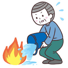慌てる消火活動シニア男性イラスト