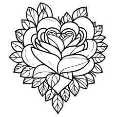 Rose with leaf in black and white outline style