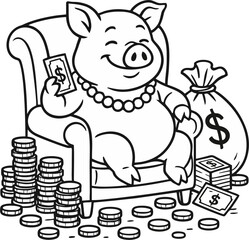 Rich Pig Sitting on Throne of Wealth – Black and White Line Art