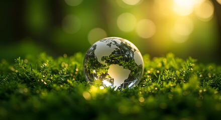 Glass Globe on Green Grass with Sunlight Eco and Earth Concept