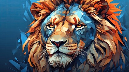 "Bold Geometric Lion Illustration with Vibrant Colors and Detailed Floral Patterns"
