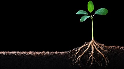 Seedling with Roots Emerging from Dark Soil