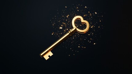 Golden heart-shaped key surrounded by sparkling particles
