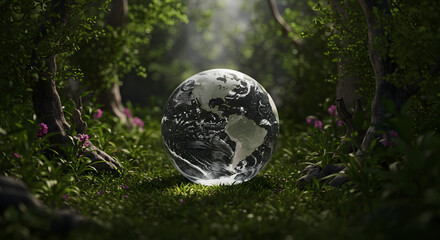 Crystal Globe in Lush Forest Environmental Concept and Earth Protection