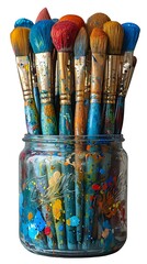Fototapeta premium a clear glass jar filled with assorted colorful paint brushes standing upright used for painting art and crafts projects isolates on white background