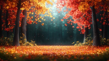 Fototapeta premium Enchanting autumn forest with vibrant fall foliage