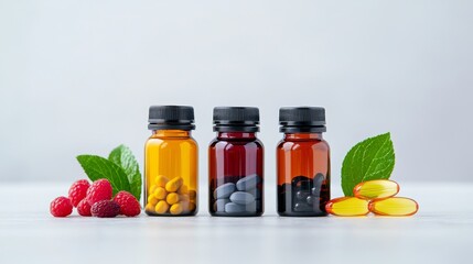 Assorted herbal supplements and vitamins in glass bottles