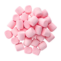 Pile of pink marshmallows isolated on white background. Top view.