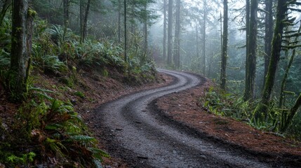 Misty Forest Path: A Serene Winding Road Through Lush Greenery