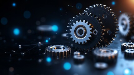 Close-up of interlocking metallic gears in a dark setting