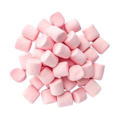 Pile of pink marshmallows isolated on white background. Top view.