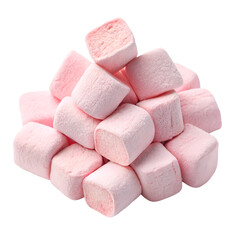 Pile of pink marshmallows isolated on white background. Top view.