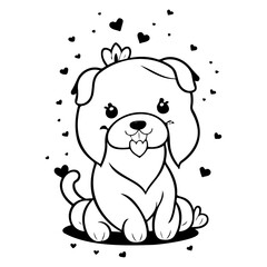 Cute Puppy Surrounded by Hearts Line Art Vector