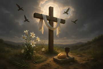 3D render of cross on hill with communion elements
