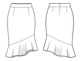 Asymmetric Ruffle Hem Skirt Technical Fashion Illustration. Fitted Skirt Vector Template. Front and Back View. High-Waist Silhouette. Diagonal Flounce Hem. White Color. CAD Mockup Set.