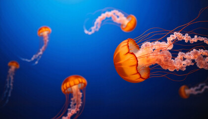 Glowing jellyfish swimming gracefully in the twilight ocean, bioluminescence