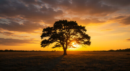 Silhouetted Tree at Sunset Majestic Landscape with Fiery Sky and Golden Hour