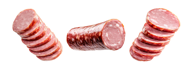 Set of Sliced smoked sausage Andouille showing fine texture and marbling, isolated on white background