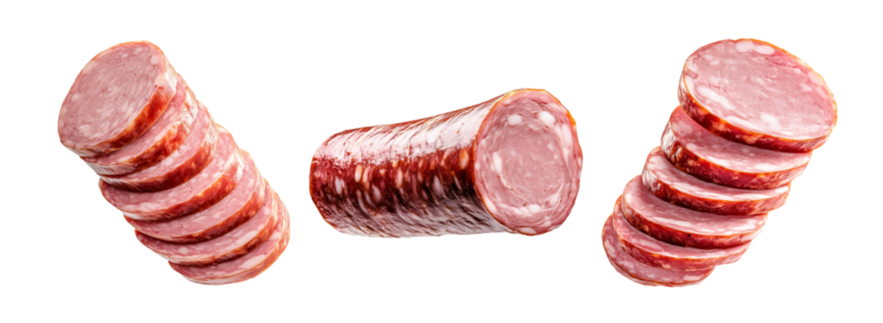 Set of Sliced smoked sausage Andouille showing fine texture and marbling, isolated on white background