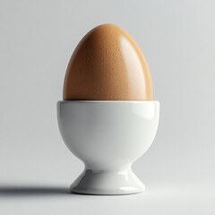 Brown egg resting in white egg cup on minimalistic surface with soft lighting providing a serene atmosphere during morning breakfast