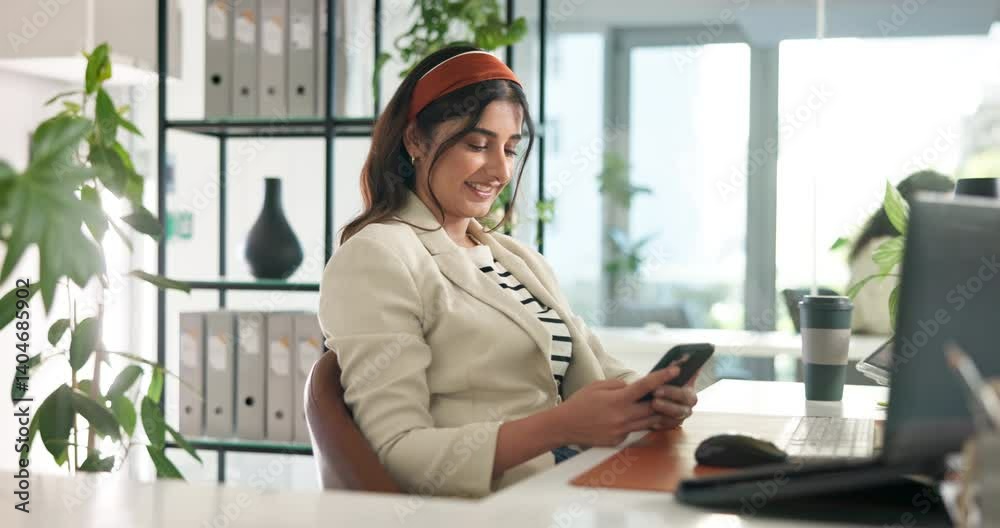 Poster phone, happy and businesswoman in office with communication, contact or networking on mobile app. te