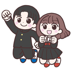 ジャンプする男女中学生イラスト