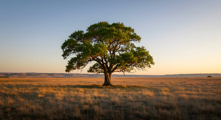 Majestic lone tree stands tall in golden African savanna landscape at sunset