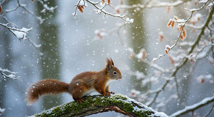 Red Squirrel's Winter Wonderland: Snowfall Serenity AI Generated