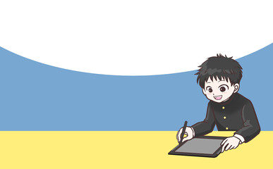 タブレット学習を楽しむ男子学生イラスト