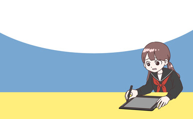 タブレット学習難しい女子学生イラスト
