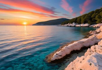 Serene coastal sunset, vibrant hues paint the sky and sea. Clear turquoise waters lap gently against the pale rocks, creating a tranquil and Wallpaper 4k , Generative AI