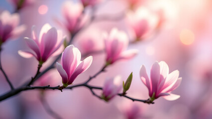 Obraz premium Ethereal magnolia blossoms in pink-lavender, soft petals, pastel bokeh, and golden sunlight evoke spring’s fleeting magic.
