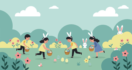 Children with baskets searching for colorful eggs hidden in a garden. Easter egg hunt