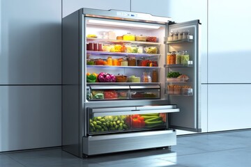 Modern refrigerator filled with fresh food, beverages, and vegetables in a contemporary kitchen