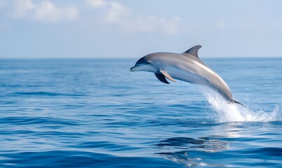 Fototapeta premium A dolphin leaping out of the blue ocean water, Generative AI