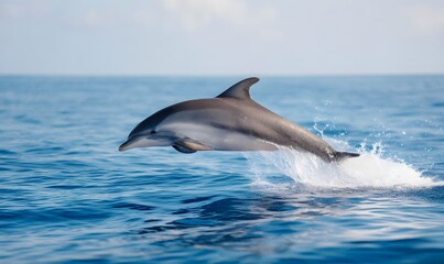 A dolphin leaping out of the blue ocean water, Generative AI