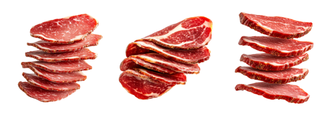 Set of thin slices of cured meat Capocollo isolated on white transparent background, concept of gastronomy