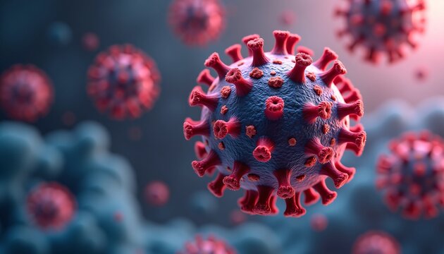 "Influenza A (orthomyxovirus) with pleomorphic envelope, hemagglutinin (HA) and neuraminidase (NA) proteins in contrasting colors, budding from a cell membrane fragment &acirc;&euro;&ldquo; frozen motion effect."