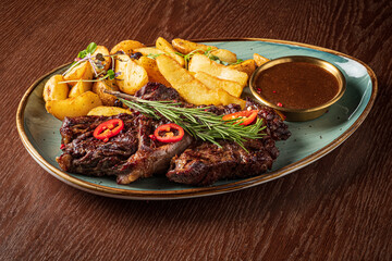 Grilled juicy steak with golden potatoes and rich sauce—enticing flavors await!