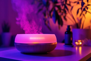 Relaxing aromatherapy diffuser emitting colorful mist in a serene indoor space
