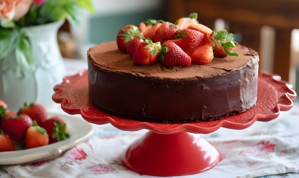 a large chocolate cake with strawberries on top, Generative AI