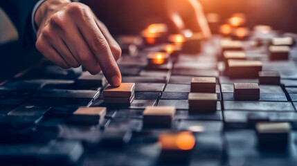 Strategic Maneuvers: A close-up shot shows a focused hand meticulously arranging wooden blocks on a strategic board, symbolizing planning and decision-making.