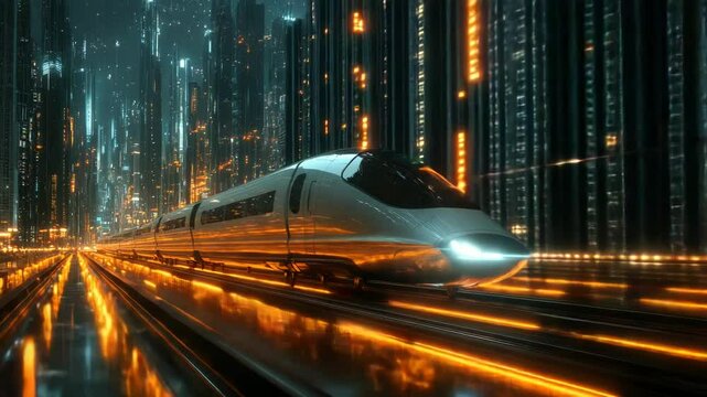 Futuristic high-speed train in neon cyber city at night, glowing tracks and lights, concept of advanced transportation and sci-fi urban travel
