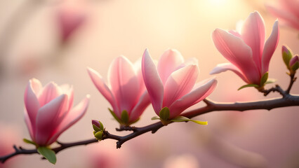 Poetic magnolia branch with rosy-alabaster blossoms, soft bokeh, and hazy glow whispers spring&rsquo;s fleeting charm.