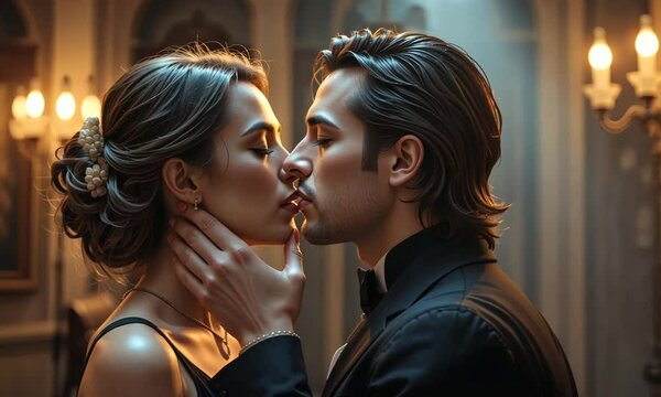 Romantic couple almost kissing in dim warm lighting, indoors, close-up of attractive caucasian man and woman with emotional expressions. Concept of passionate love and intimacy