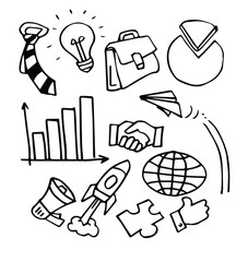 Business icons doodle set. Vector hand drawn black and white elements.	