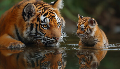 Obraz premium Siberian Tiger Cub and Mother Reflection in Water