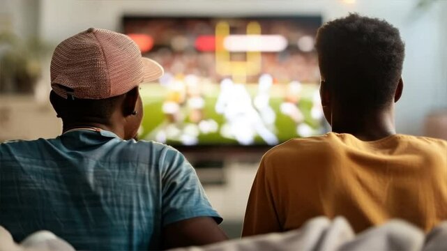 Two friends enjoy watching a football game on television, sharing excitement and camaraderie during the match.